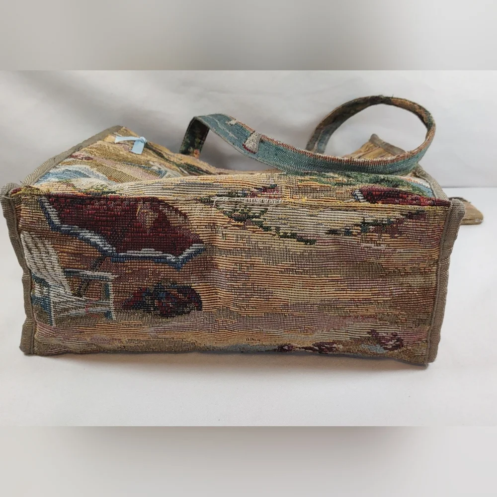 Jade Vintage Multicolor Coastal Beach Scene Tapestry Tote E/ Coin Purse